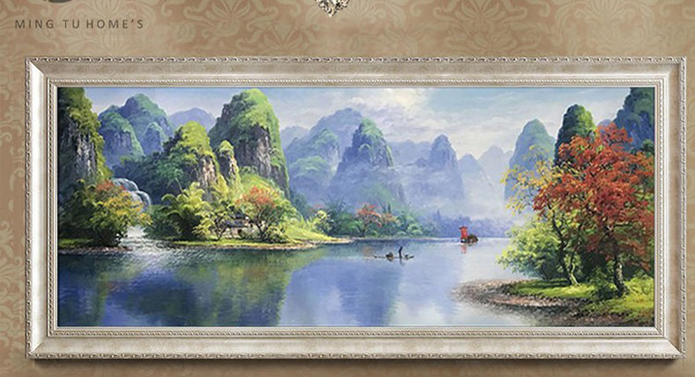 美式风景壁画沙发背景墙手绘油画 拉丝香槟银框 260*130司